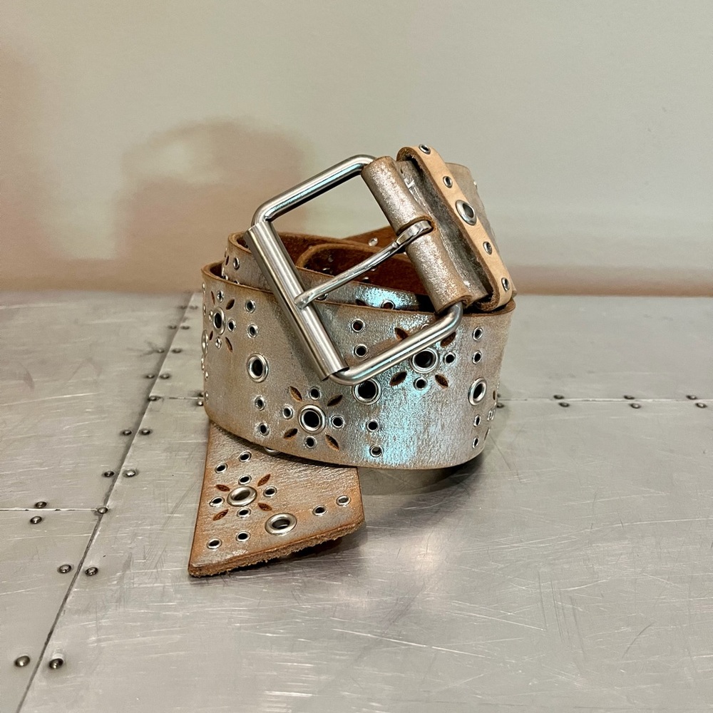 Silver and tan distressed belt